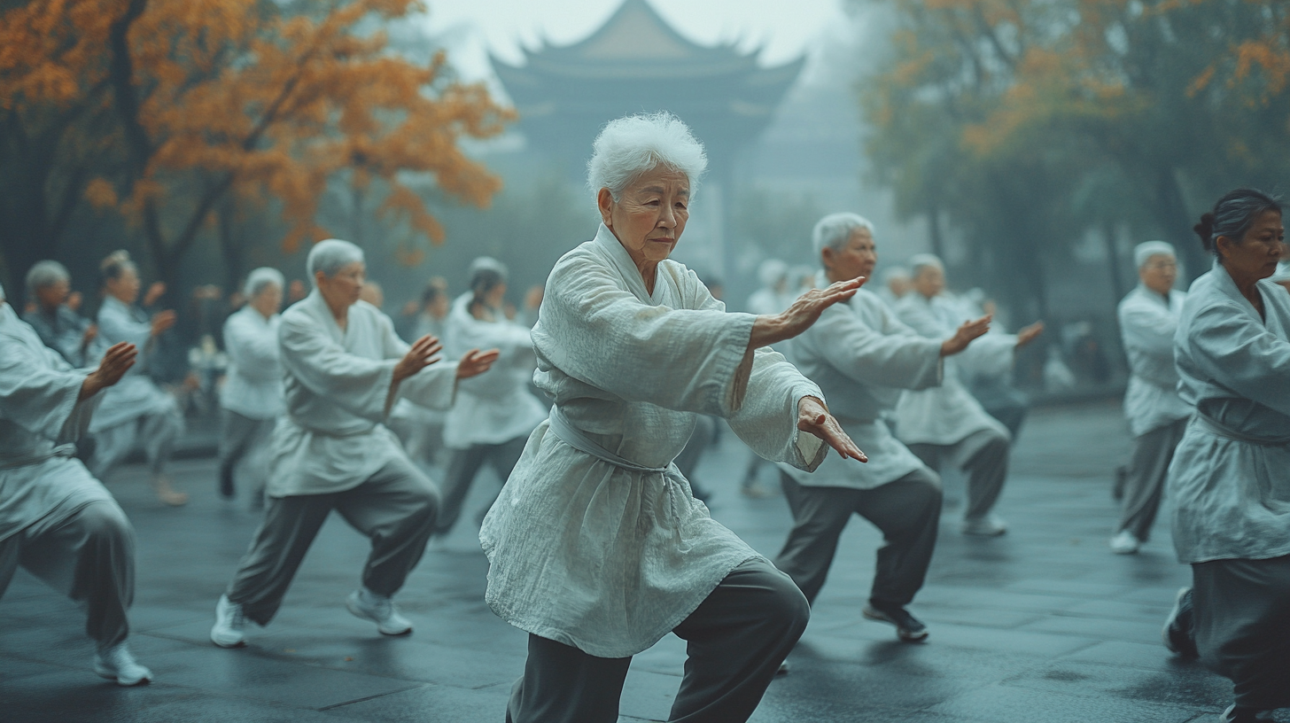 Група людей старшого віку практикує тайцзі в парку на світанку