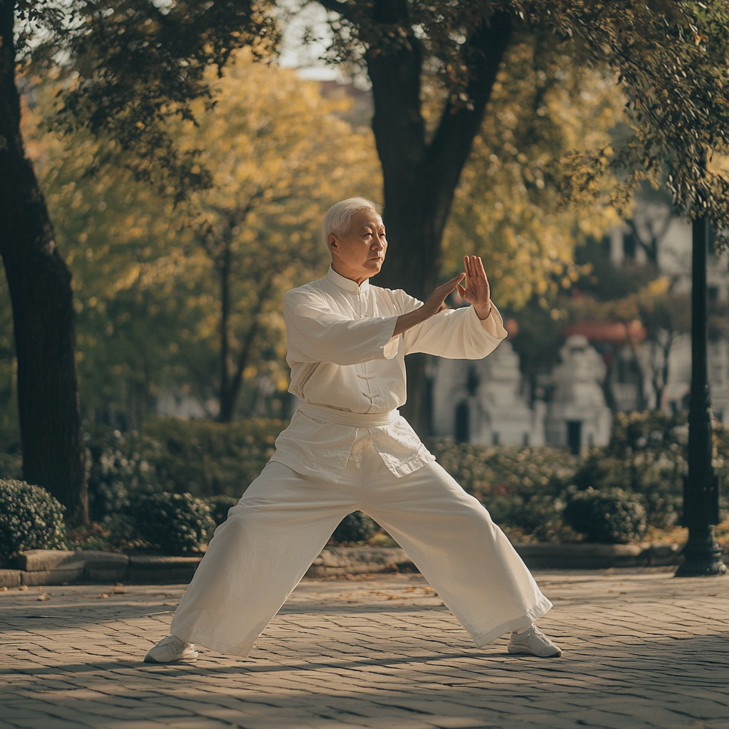 Майстер тайцзі демонструє традиційну форму в саду з бамбуком