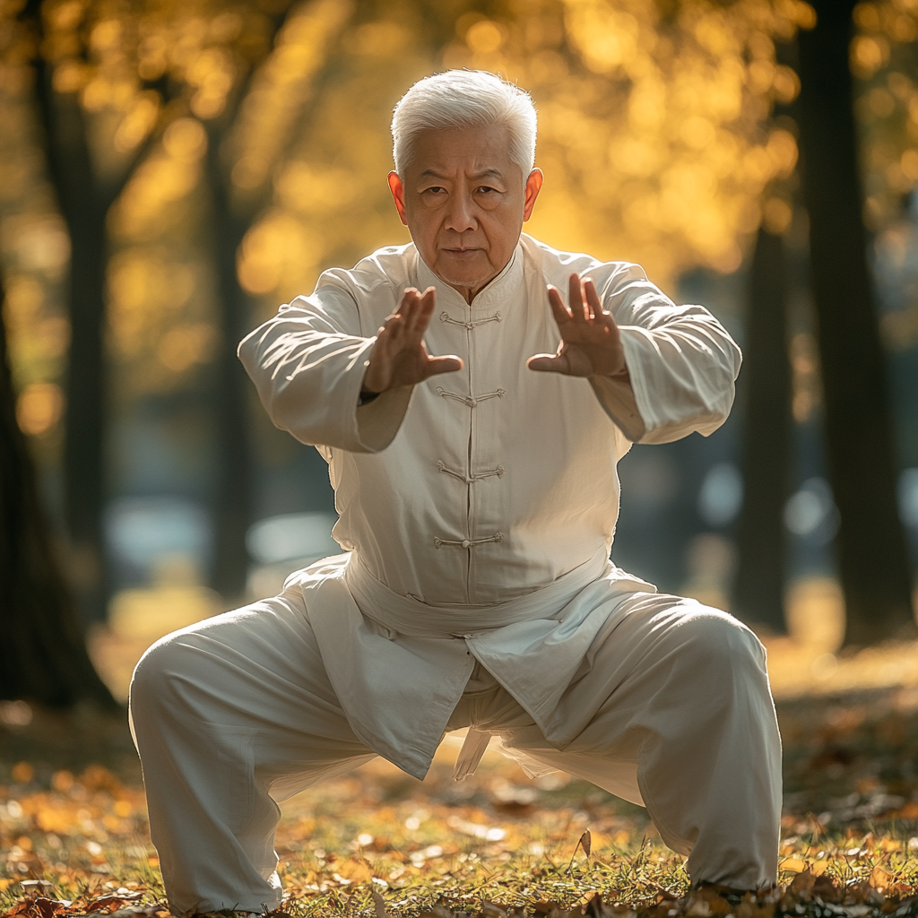 Жінка старшого віку робить перші кроки в тайцзі під керівництвом інструктора